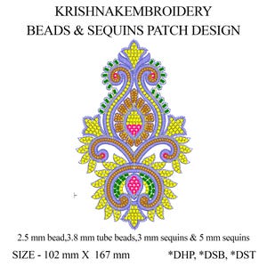 Puede incluir: Un diseño de parche colorido con el texto "KRISHNAKEMBROIDERY BEADS & SEQUINS PATCH DESIGN". El diseño presenta un patrón floral simétrico en tonos de amarillo, verde, rosa y morado. El parche mide 10,2 cm x 16,7 cm.