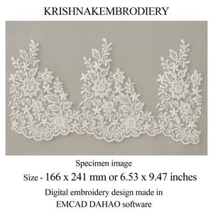 Może przedstawiać: Biały kwiatowy wzór haftu z napisem "KRISHNAKEMBRODIERY". Wzór ma wymiary 166 x 241 mm. Obraz próbny to cyfrowy wzór haftu wykonany w oprogramowaniu EMCAD DAHAO.