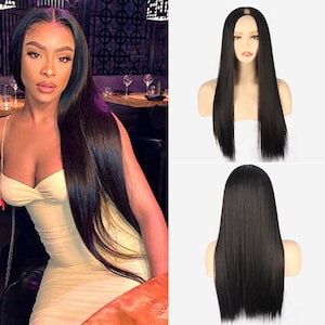 V-Shaped Half Wig - Black Long Straight Synthetic Hairpiece