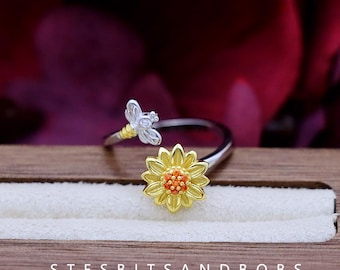 S925 Sterling Silver Adjustable Sunflower Rotating Ring