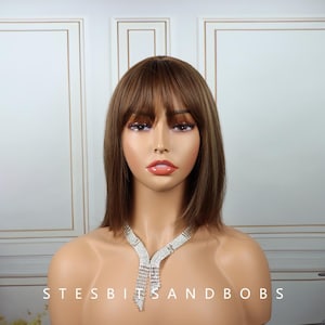 Dark brown short straight bangs wig for women, short hair wig and head cover