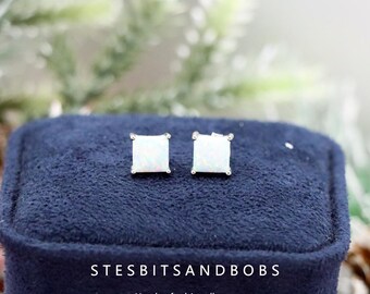 S925 Sterling Silver Stud Earrings with Four - Claw Luxurious Square Opal, Simple Ear Jewelry