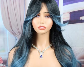 Black Wig with Blue Highlights, Long Wavy Center Part