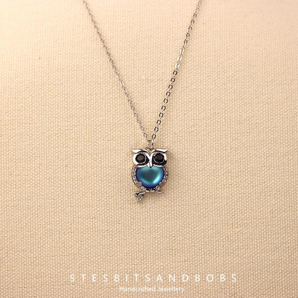 s925 sterling silver Moonstone pendant Owl necklace