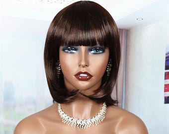 Brown short straight bangs wig for women short hair wig Flip-Up Hairstyle