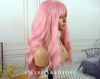Pink Long Wavy Cosplay Wig With Bangs Female Long Hair Big Waves