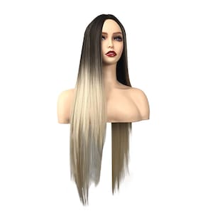 Fashion Synthetic Matte Black Gold Long Straight Wig - Rose Net Headpiece
