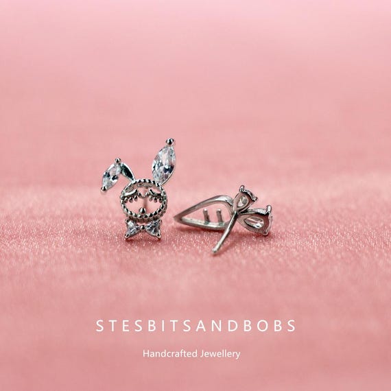 Boucles D'oreilles Enfant En Argent Sterling 925 - Forme Lapin Avec Cristaux - Sans Nickel, Hypoallergénique