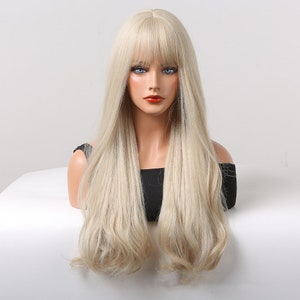 Platinum Blonde Wig - Straight Bangs, Long Curly High-Temperature Fiber