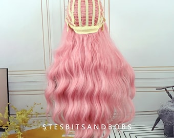 Pink Long Wavy Cosplay Wig With Bangs Female Long Hair Big Waves