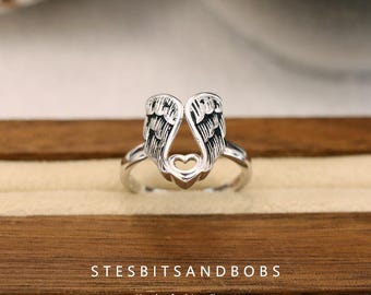 Vintage Angel Wing Ring Unique Dainty Jewelry Gift For Women Boho Chic Style Minimalist Design Adjustable Statement S925 Sterling Silver