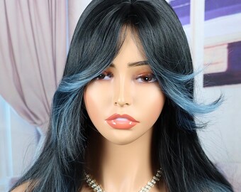 Blue bangs wispy layers wig Amazon.com : MINSEEYOO Dark Blue Wig with Bangs for Women  main image 3