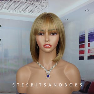 Light blonde short straight bangs wig for women, Bob wig