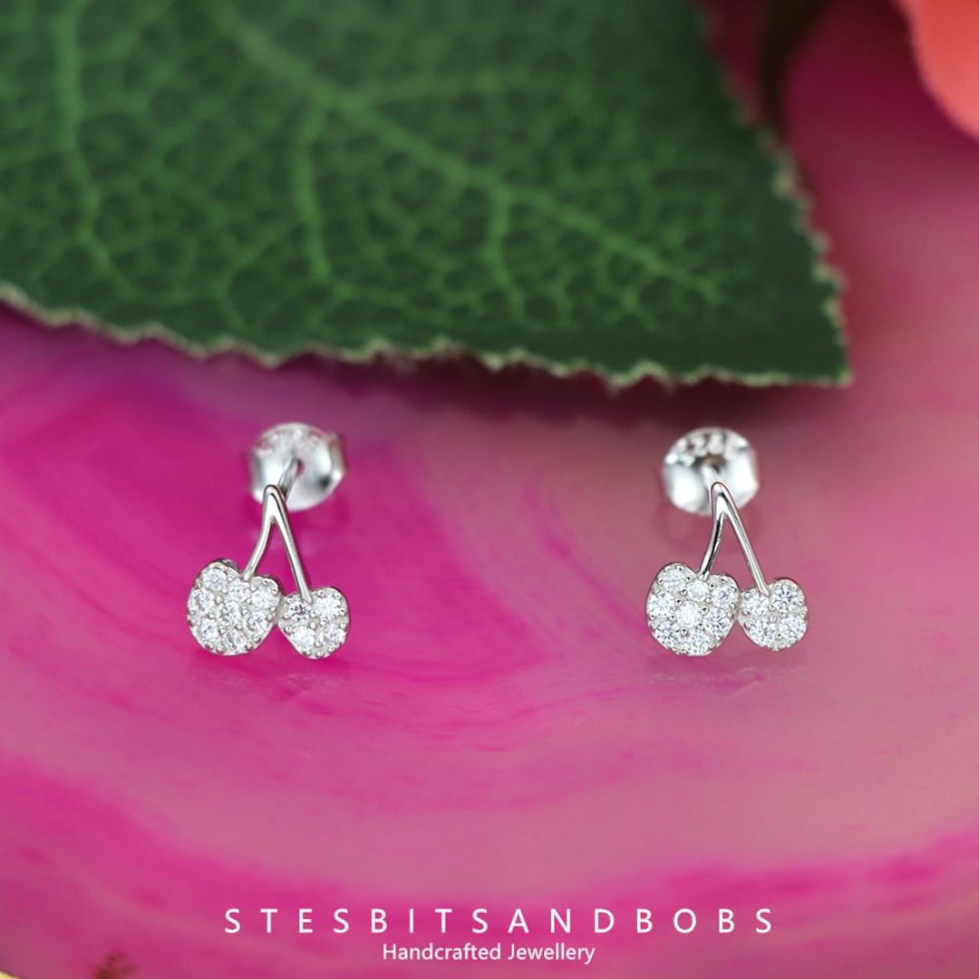 S925 Sterling Silver Sweet Cherry Stud Earrings With CZ Diamonds