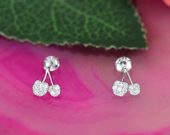 S925 Sterling Silver Sweet Cherry Stud Earrings with CZ Diamonds