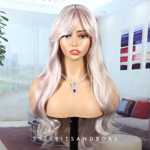 Light Pink long wavy wig with bangs female long hair big waves hair full head set style