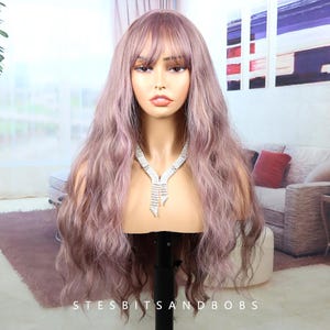 Dusty Pink long wavy wig with bangs female long hair big waves hair full head set style