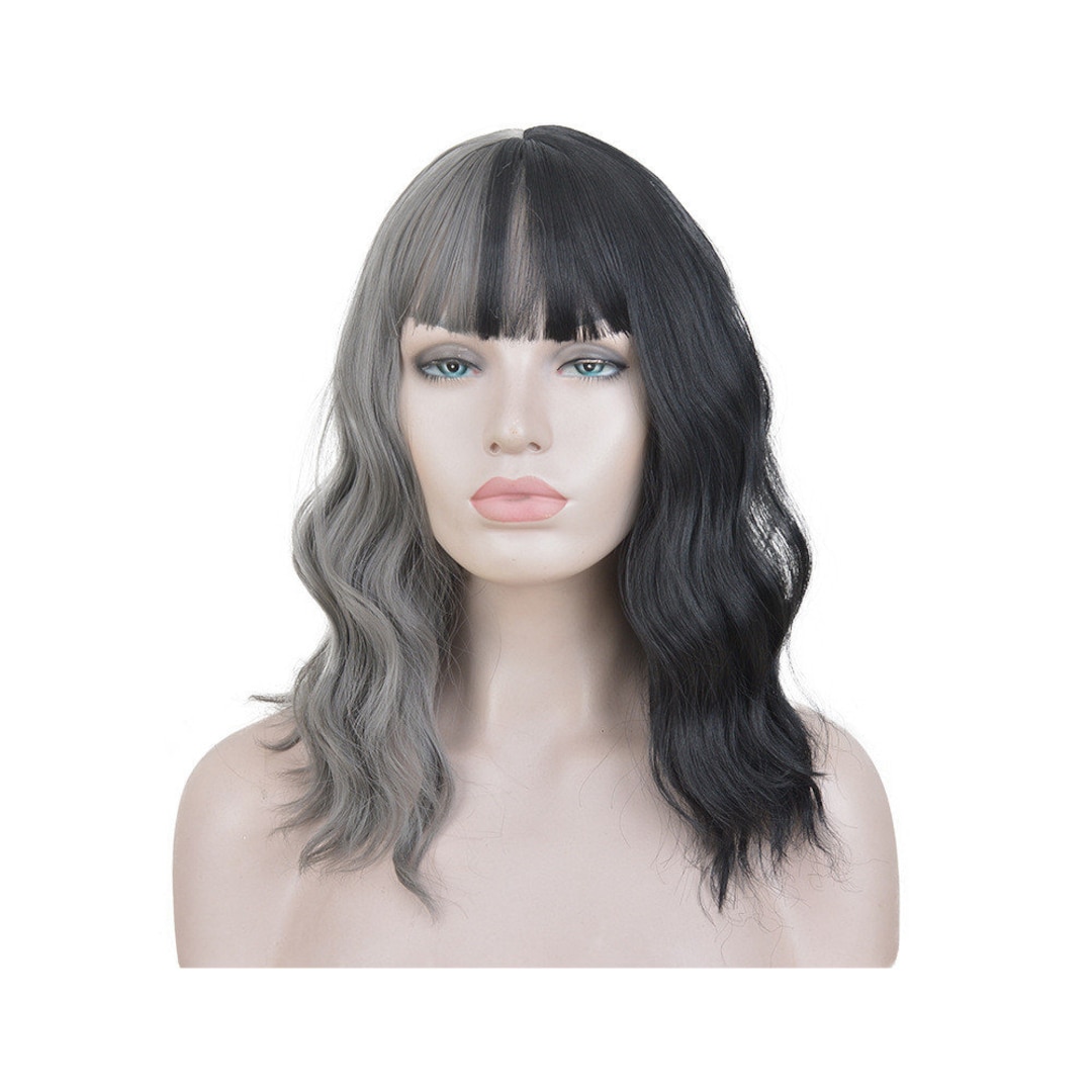 New Mediumlength Fluffy Half Black Half Gray Curly Cosplay Etsy