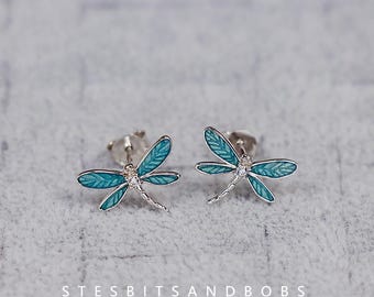 Blue Oil-Drop Dragonfly Stud Earrings  S925 Silver Insect Earrings