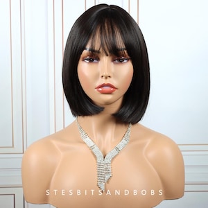 Black short Straight wig with bangs female full head set