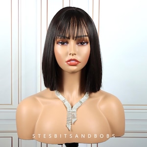 Black short Straight wig with bangs female full head set