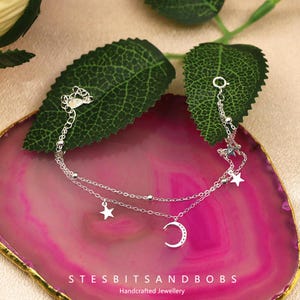 S925 Sterling Silver Double-Layer Moon and Star Bracelet, Sweet Style