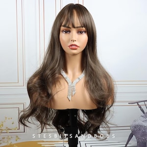 Brown long wavy wig with bangs female long hair big waves hair full head set style