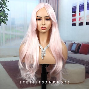 Light Pink long wavy wig female long hair big waves hair full head set style