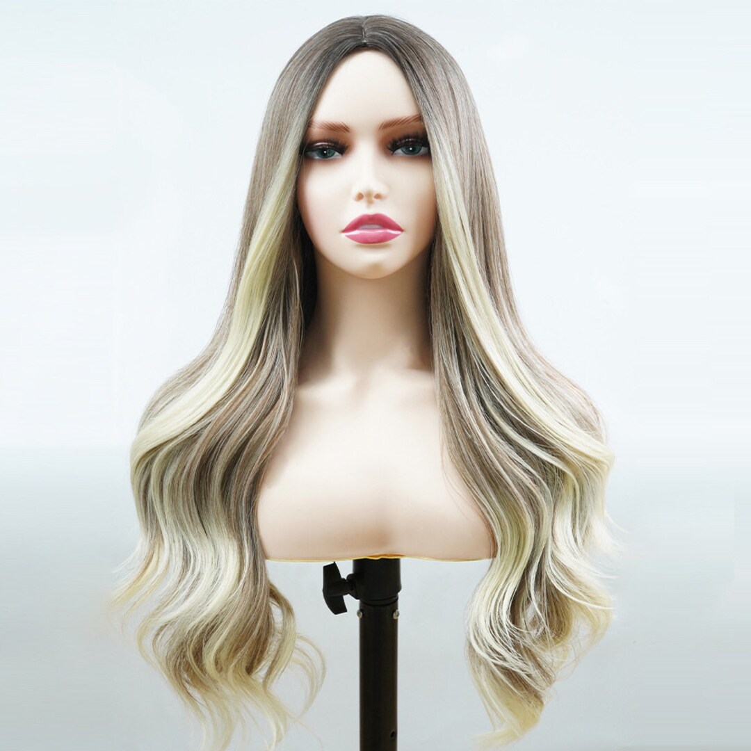 Wig Cap Long Curly Hair Ombre Big Wave Center Part Rose Net Etsy