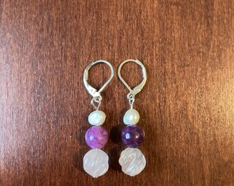 Purple Gemstone and Pearl Earrings