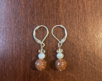 Sunstone and Pearl Earrings