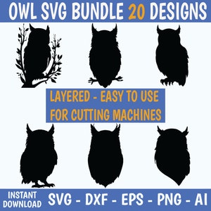 May include: A set of 20 layered owl SVG designs, perfect for cutting machines. The designs are easy to use and come in a variety of styles, including owls perched on branches, owls with their wings spread, and owls with their heads turned. The designs are black and white and are perfect for creating a variety of projects, such as t-shirts, mugs, and home decor.