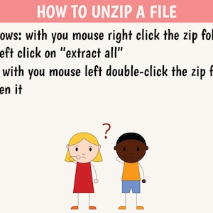 May include: A cartoon illustration of two people with question marks above their heads. The text reads "How to unzip a file" and provides instructions for unzipping files on Windows and Mac computers.