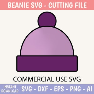 May include: Purple beanie with a pom pom on top. The beanie is outlined in black.  Commercial use SVG - DXF - EPS - PNG - AI