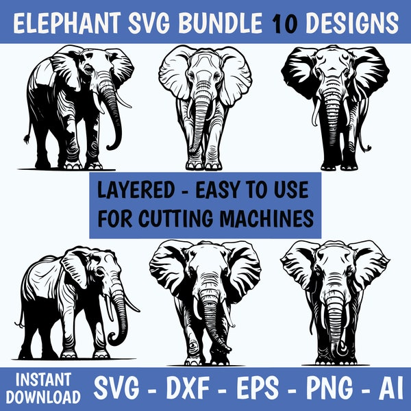 Bundle d'animaux safari éléphant SVG coupe fichier cricut silhouette usage commercial éléphant clipart jungle svg impression à la demande artisanat vinyle laser