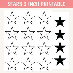 May include: Printable sheet of 2-inch stars. There are 12 outline stars and 5 filled-in black stars.