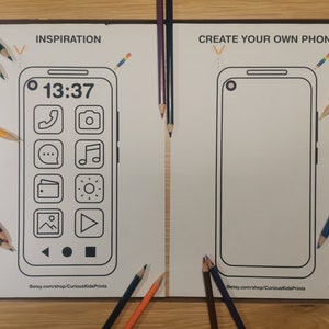 Puede incluir: Una página para colorear imprimible con dos contornos de teléfonos inteligentes. El primer teléfono inteligente tiene una esfera de reloj con la hora 13:37 e iconos para teléfono, cámara, mensajes, música, cartera, sol, galería y reproducción. El segundo teléfono inteligente está en blanco. El texto "INSPIRACIÓN" está en la parte superior del primer teléfono inteligente y "CREA TU PROPIO TELÉFONO" está en la parte superior del segundo teléfono inteligente.