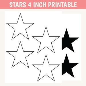 May include: Printable sheet with five black and white outlines of stars, each measuring 4 inches. Two of the stars are filled in black.