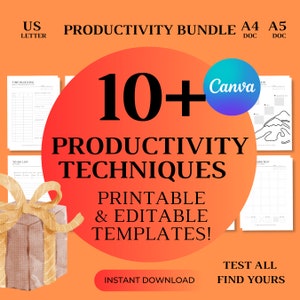 Productivity Technique Bundle with editable Canva Templates & gift cards Ivy Lee method Eat the Frog Eisenhower matrix Time Boxing Pomodoro