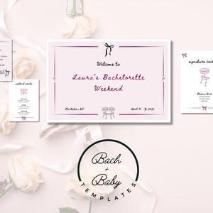 May include: Printable bachelorette party invitation set with a pink and white color scheme. The invitation includes the text "Welcome to Laura's Bachelorette Weekend" and the date "April 2 - 4, 2023".