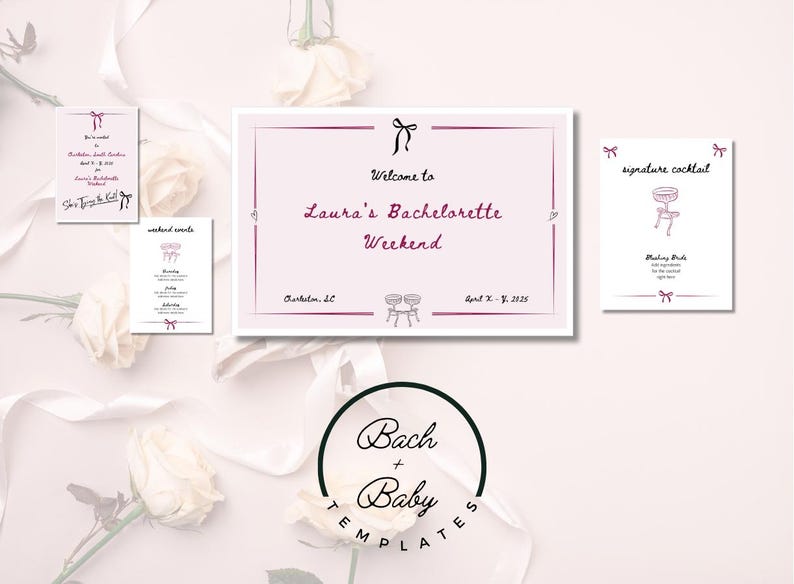 May include: Printable bachelorette party invitation set with a pink and white color scheme. The invitation includes the text "Welcome to Laura's Bachelorette Weekend" and the date "April 2 - 4, 2023".