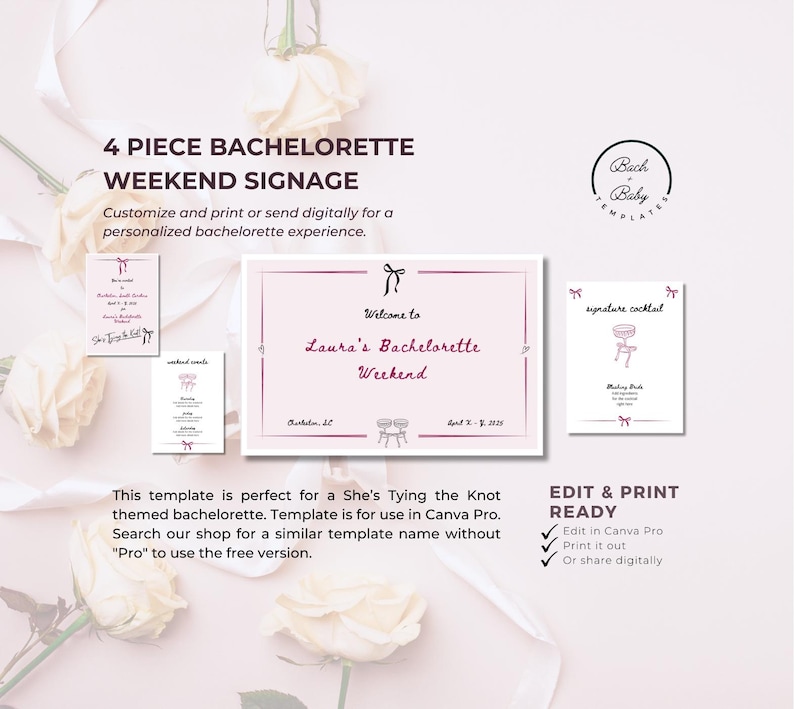 She's Tying the Knot Bachelorette Weekend Signage Pack (Canva Pro Template) image 1