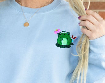 Embroidered Frog Crewneck Sweatshirt, Cottagecore Style