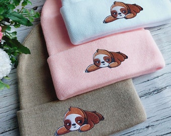 Embroidered Sloth Beanie, Unisex Winter Hat