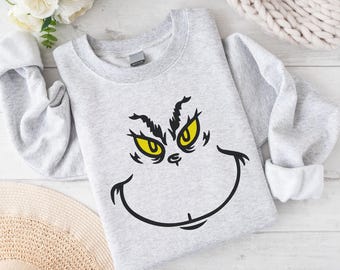 Grinch Face geborduurde sweater met ronde hals en capuchon |  Vakantiesweater, kerst