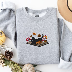 Cat Book Halloween Embroidered Crewneck Sweatshirt
