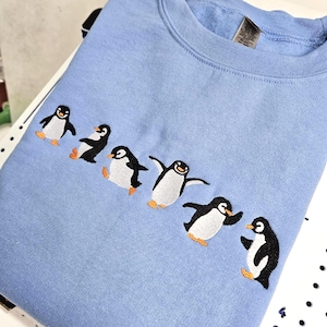 Playful Penguins Embroidered Crewneck Sweatshirt Hooded Sweater