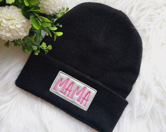Embroidered Mama Beanie: Glitter Silver Vinyl Winter Cap