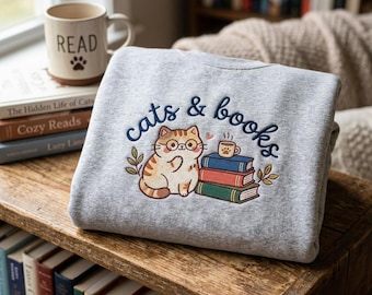 Sudadera bordada de gatos y libros, regalo para amantes de los libros, lectores de gatos, ropa para ratones de biblioteca