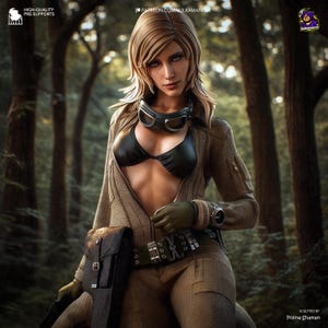 May include: A detailed figure of a woman in a brown jumpsuit and black bikini top, with goggles on her forehead. She has a black bag and a watch on her wrist. The background is a blurred forest scene. Text includes "HIGH-QUALITY PRE-SUPPORTS" and "PATREON.COM/SULKAMANGER".